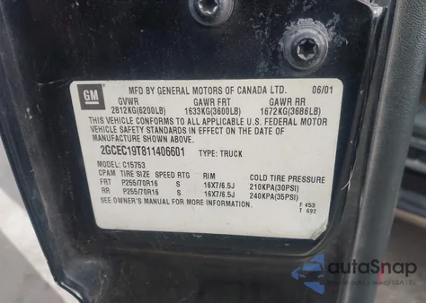 2001 Chevrolet Silverado 1500 Lt from USA, damaged, VIN 2GCEC19T811406601